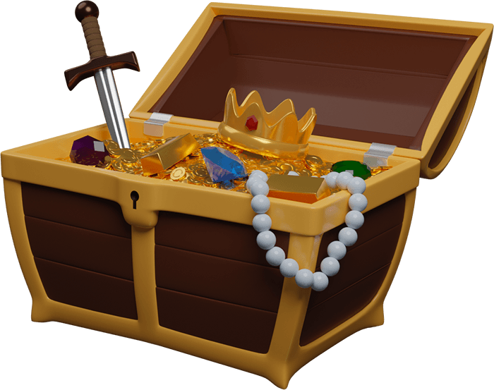 3D illustration of a treasure chest, overflowing with gold coins and jewels